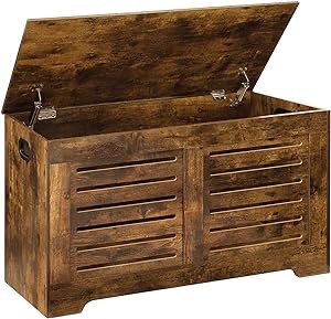 DINZI LVJ Storage Chest, Flip-Top Wooden Toy Box with 2 Safety Hinges, Retro Entryway Shoe Bench, Sturdy Large Storage Trunk for Living Room, Bedroom, Toddler Room, Easy Assembly, Espresso 35.4"L x 15.7"W x 18.9"H Espresso