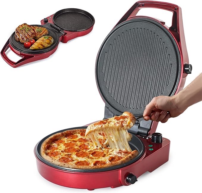 COMMERCIAL CHEF Countertop Pizza Maker, Indoor Electric Countertop Grill, Quesadilla Maker with Variable Temperature Red 12” with Variable Temperature