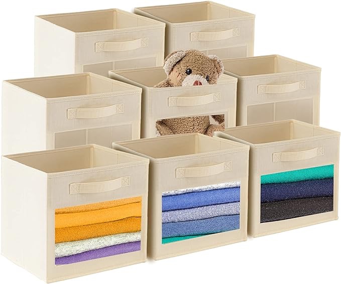 SUOCO Cube Storage Bins with Clear Window, Foldable Fabric Baskets Boxes for Shelf Closet Organizer, Nursery and Kids Room, 6 Pack, Grey 6 Pack Beige
