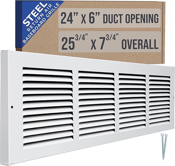 Handua 24"W x 6"H [Duct Opening Size] Baseboard Return Air Grille | Vent Cover Grill | 7/8" Margin Turnback to Fit Baseboard | White | Outer Dimensions: 25.75"W X 7.75"H for 24x6 Duct Opening