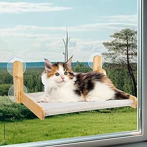 Cat Window Perch Hammock-seat Furniture-Bed – Natural Wooden cat Window Perch, Cordless and Collapsible. Weight Capacity: Over 60 lbs