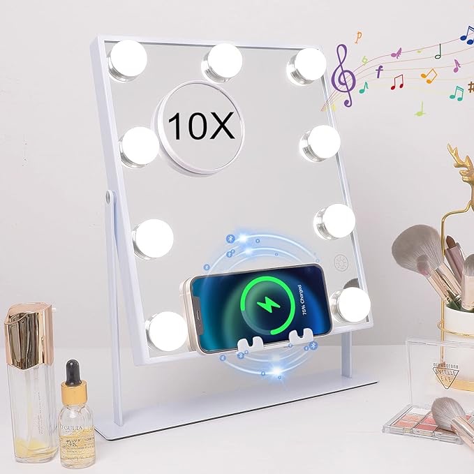 Hansong Lighted Vanity Mirror with Music Speaker and Wireless Charging Makeup Mirror with Lights 9 Dimmable Bulbs Lighted Makeup Mirror 3 Color Lighting Tabletop (White) A-white-upgraded Speaker-9 Bulbs