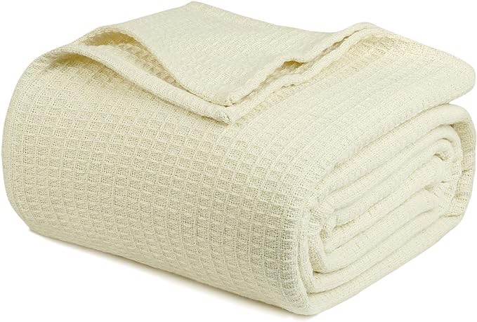 Luxury 100% Cotton Blanket - Soft Blankets Queen Size for Bed, Sofa & Couch - Breathable Blanket for Summer - All Season Cotton Thermal Blanket (Ivory, Queen)