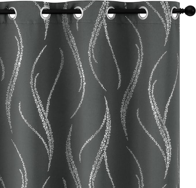 Yakamok Blackout Curtains for Livingroom - Wave Line with Dots Gold Print Design Noise Reducing Thermal Insulated Solid Ring Top Blackout Window Drapes for Livingroom (2 Panels, 52 x 84 Inch, Black)