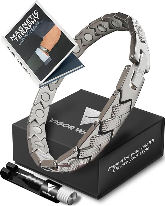 Vigor Wave® Magnetic Therapy TITANIUM Bracelet for Men — Unique Braided-Like Magnetic Bracelet for Relieving Pain and Improving Circulation + Premium Sizing Tool & Gift Box, Titanium