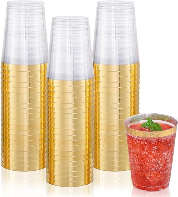 DaYammi 200 Pack Gold Plastic Cups 10 Oz Clear Plastic Cups Gold Rimmed Disposable Wine Glasses Fancy Disposable Party Cups Wedding Tumblers Drinking Cups Plastic Cocktail Glasses Gold Cups