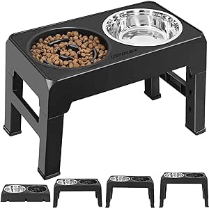 URPOWER Raised Slow Feeder Dog Bowls 4 Height Adjustable Elevated Dog Bowls with Stainless Steel Dog Water Bowl and Dog Slow Feeder Non-Slip Dog Food Bowls Stand for Small Medium Large Dogs and Pets