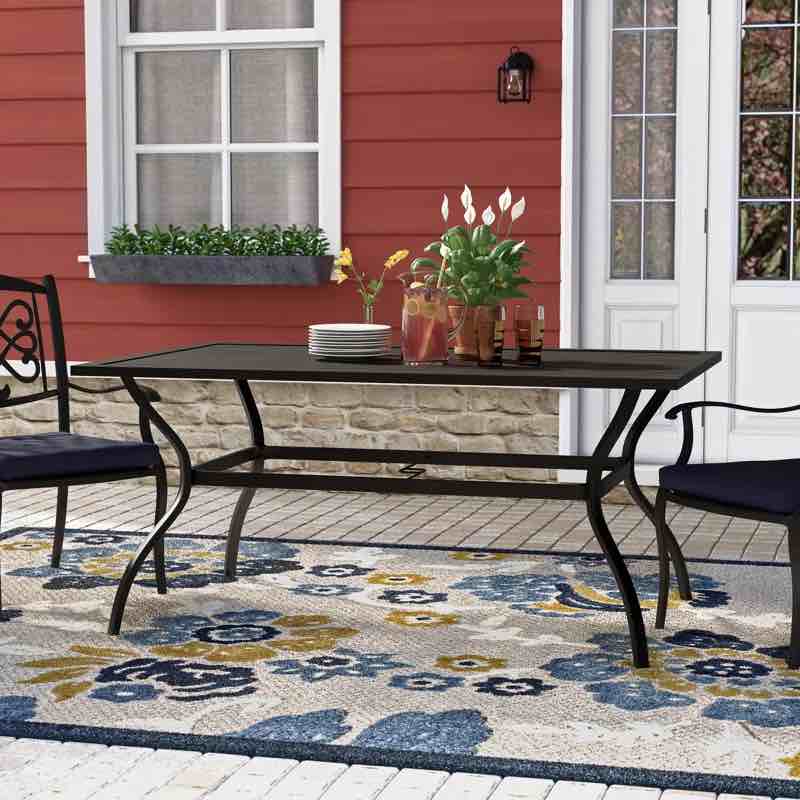 Birmadevi Powder-coated Metal Frame Black Rectangular Outdoor Patio Dining Table with Umbrella Hole (incomplete)
