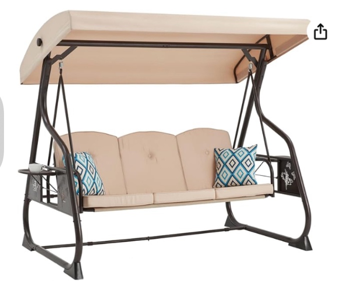 3-Seat Outdoor Porch Swing with Stand Patio Swing with Canopy 2 in 1 Porch Swing Bed & Patio Swing Chair for Adult Yard Swing w/Extra Pillows and Cup Holder (Khaki, Style A)(similar to stock photo)