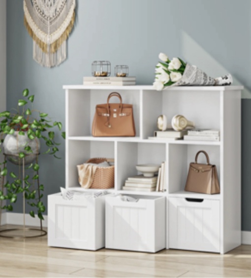 Homfa 5 Cube Toy Storage Organizer, Kids Geometric Bookcase with 3 Drawers, Storage Cabinet for Living Room, White Finish