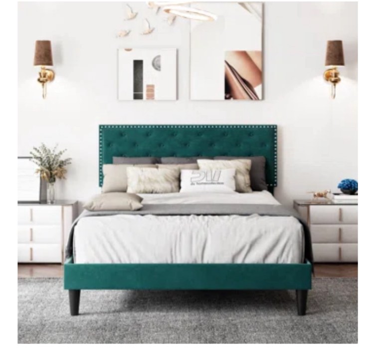 Aleiny Velvet Bed with Adjustable Upholstered Headboard