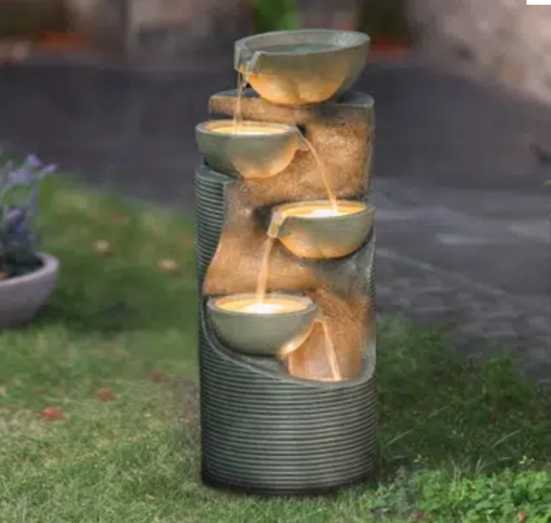 31.9'' H Modern Gray Hand Crafted Weather Resistant Outdoor Floor Fountain with Lights