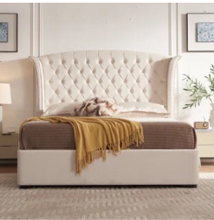 (Incomplete)Luxurious Upholstered Platform Bed with Stately High Headboard Dual Drawer Storage Bedroom Comfort