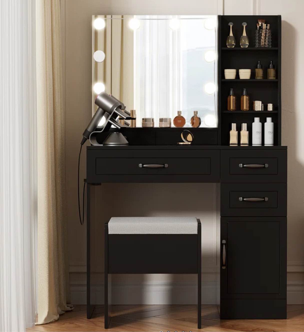 Elainy Vanity Desk with Mirror & Storage Stool