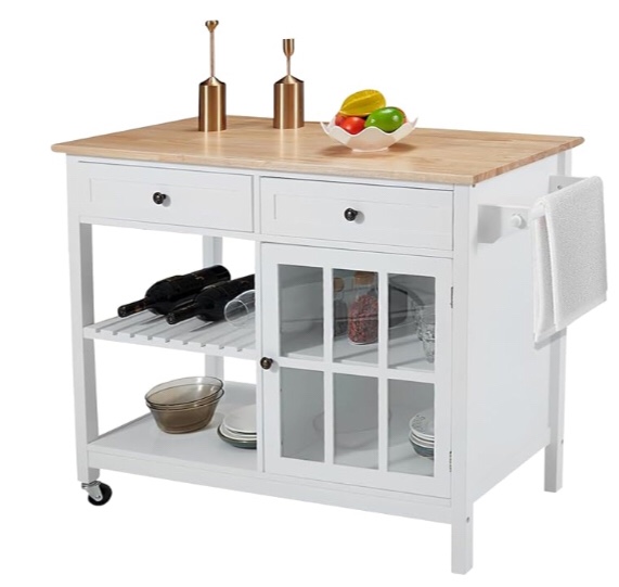 Rolling Kitchen Island Cart With Storage, Wood Tabletop Kitchen Cart W/ 2 Wheels, Trolley Cart Utility Cabinet, Towel Rack, Spice Rack, White