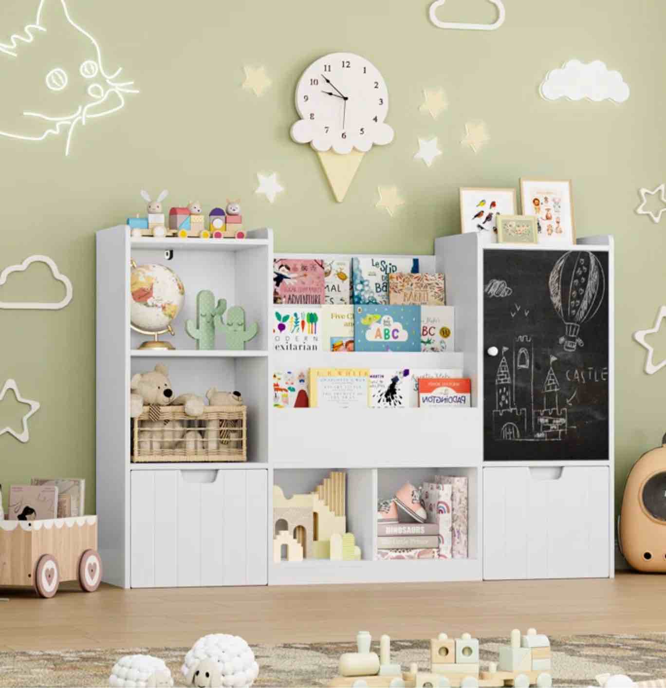 55.1'' Storage Bookcase with 2 Removable Drawers, Toy Organizer with Chalkboard