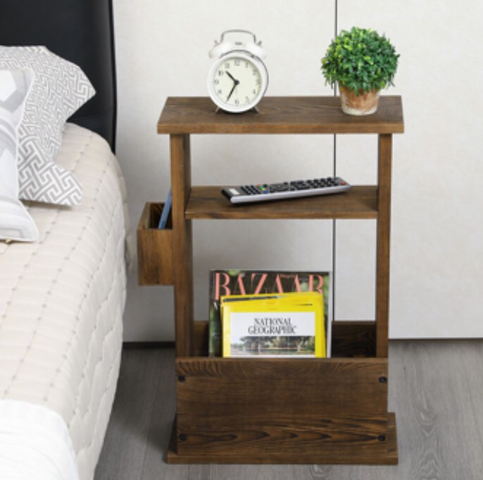 Rustic Burnt Wood End Table w/ Magazine Holder, Shelf & Remote Control Holder