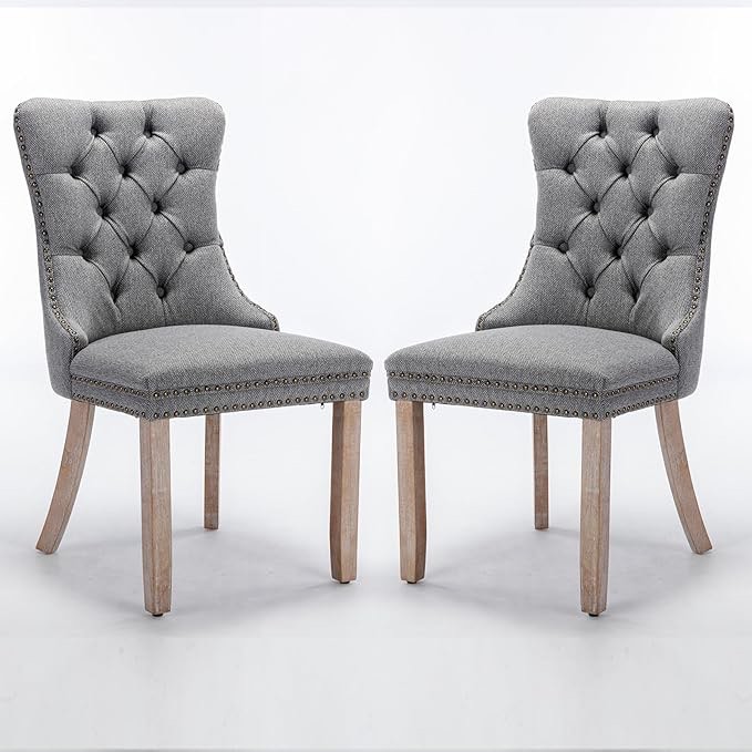 High End Tufted Contemporary Flax Upholstered Linen Dining Chair Set of 2,Parson's Chairs with Solid Wood Legs Nailhead Trim for Kitchen Dining Room Living Room 2-Pcs Set (Gray, SW6801GY)