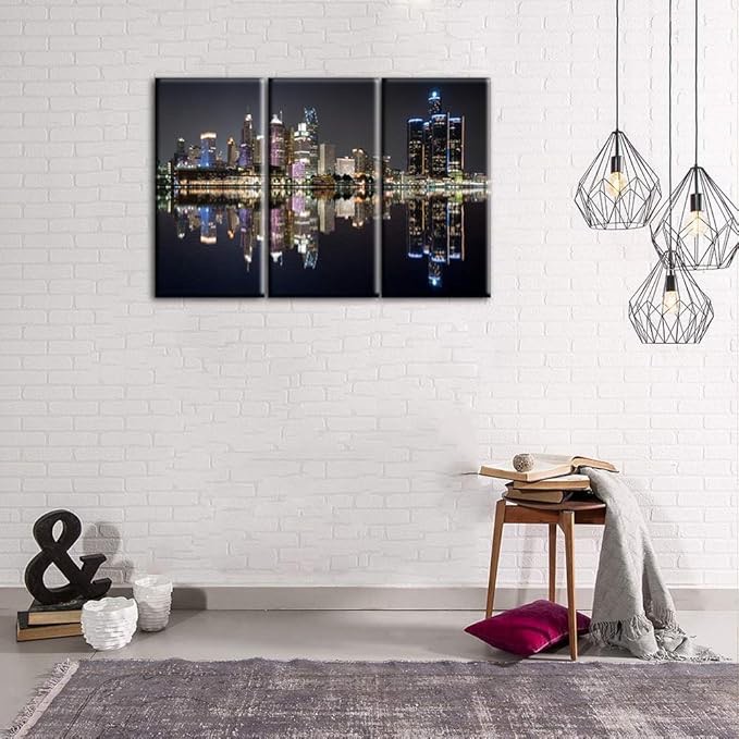 Wall Art Beautiful Detroit Skyline Black & White Canvas Art Paintings for Room Decor Cityscape Skyscrapers Night Scene Picture Prints On Canvas for Home Decor Modern Framed -24‘ ’x 12‘’ x 3 panels