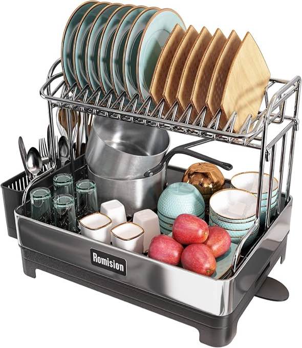 romision Dish Drying Rack, 304 Stainless Steel 2 Tier Large Dish Rack and Drainboard Set with Swivel Spout Drainage, Full Size Dish Drainer with Utensil Holder for Kitchen Counter of Big Family
