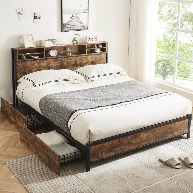 Adriaan Bookcase Storage Bed, King Metal Platform Bed Frame with Headboard and 4 Storage Drawers ( Incomplete)