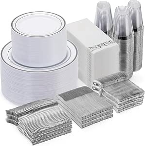 Goodluck 700 Piece Silver Dinnerware Set for 100 Guests, Disposable Plastic Plates for Party, Include: 100 Dinner Plates, 100 Dessert Plates, 100 Paper Napkins, 100 Cups, 100 Silverware set