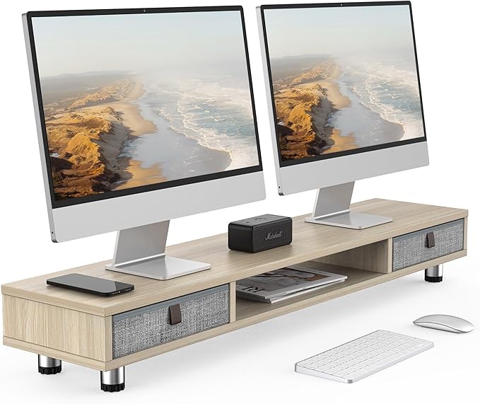 Fenge G04D2103C Monitor Stand, Desktop Stand, Desktop Stand, 42.5 inches (108 cm), 2 Tiers, Wooden Top Plate, Drawers, Adjustable Height, Monitor Stand, Desktop Stand, PC Monitor Stand, Computer Rack,