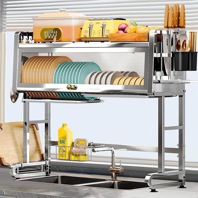 Over The Sink Dish Drying Rack Adjustable 304 Stainless Steel Sink Drainer Rack Shelf Collapsible Over Kitchen Counter Storage Dish Rack 3-Tier (Silver)
