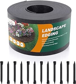 Black Plastic Garden Landscape Edging, 5” Tall Border Coil, Flexible and Strengthened with Anti-UV Treatment (100ft with 30pcs Stakes)