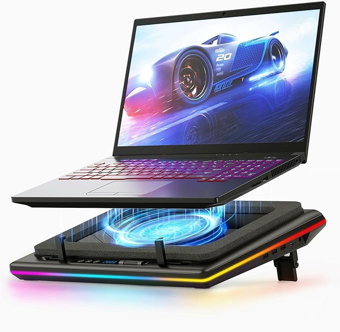 2023 New Gaming Laptop Cooling Pad with Powerful Turbofan, RGB Laptop Cooler Radiator with Infinitely Variable Speed, Touch Control, LCD Screen, 3-Port USB, Seal Foam for Rapid Cooling Laptop 15-19in V12(Hub+RGB)