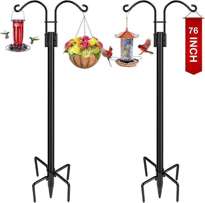 Double Shepherds Hooks for Outdoor, 2-Pack Heavy Duty Two Sided Garden Pole for Hanging Bird Feeder, Plant Baskets, Solar Light Lanterns, Garden Plant Hanger Stands with 5 Base Prongs(92 inch)