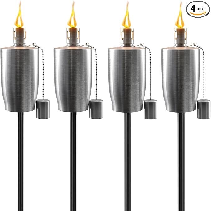 Matney Stainless Steel Torches for Outside - 5 Ft. - Set of 4 - Decorative Garden & Yard Lights - Lamp for Citronella Oil - Fiberglass Wick & Snuffer Cap - Mosquito Torch - (Cylinder)