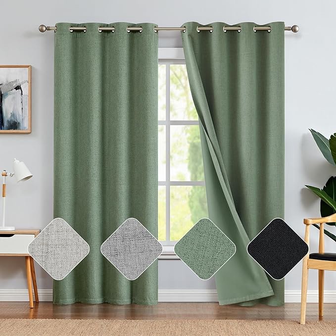 jinchan 100% Blackout Curtains 96 Inch Long for Bedroom Living Room Heathered Green Curtains Linen Textured Drapes Room Darkening Thermal Insulated Grommet Top Window Curtain Set 2 Panels