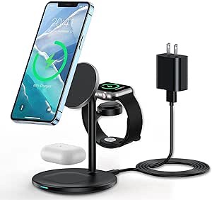 3 in 1 Wireless Charging Station for Apple Device, Standard 15W Fast Wireless Mag-Safe Charger Stand with QC3.0 Adapter for iPhone 14 13 12 Pro Max/Plus/Pro/Mini,iWatch Ultra/8/7/SE/6/5/4/3/2, AirPods