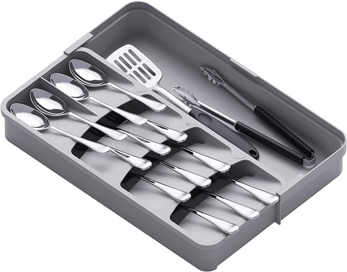 Faridabio Silverware Drawer Organizer Set of 2, Expandable Cutlery Tray for Kitchen, Adjustable Utensil Tray Cutlery Holder, Compact Plastic Storage for Spoons Forks Knives, Grey
