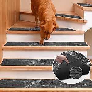 GOYLSER Rubber Stair Runners for Wooden Steps, Stairs Rugs Non Slip Staircase Step Treads, Black Marble Stairway Grips Strips Carpet Treads for Wood Stairs (8"X30", Set of 15)