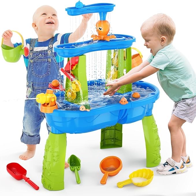 HYES Water Table for Toddlers 1-3 3-5, 3-Tier Kids Splash Sand Table Water Toys, Rain Showers Splash Pond for Outdoor Beach Backyard Summer, Activity Sensory Play Table for Boys Girls