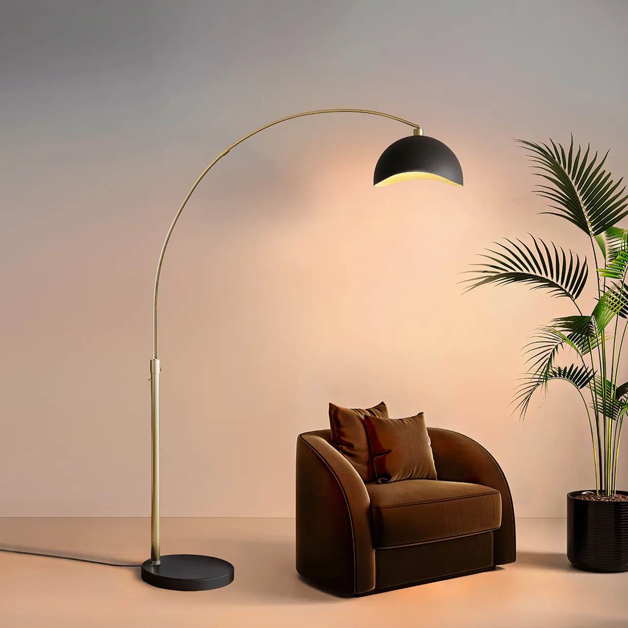 Luna Bella Arc Floor Lamp – 92?, Weathered Brass, Matte Black/Gold Leaf Shade, Dimmer Switch, Marble base