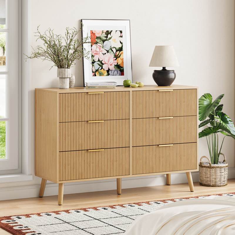 Avalie Boho Fluted Dresser with Wave Pattern Drawer, Wood 6 Drawer Bedroom Dresser with Golden Handles