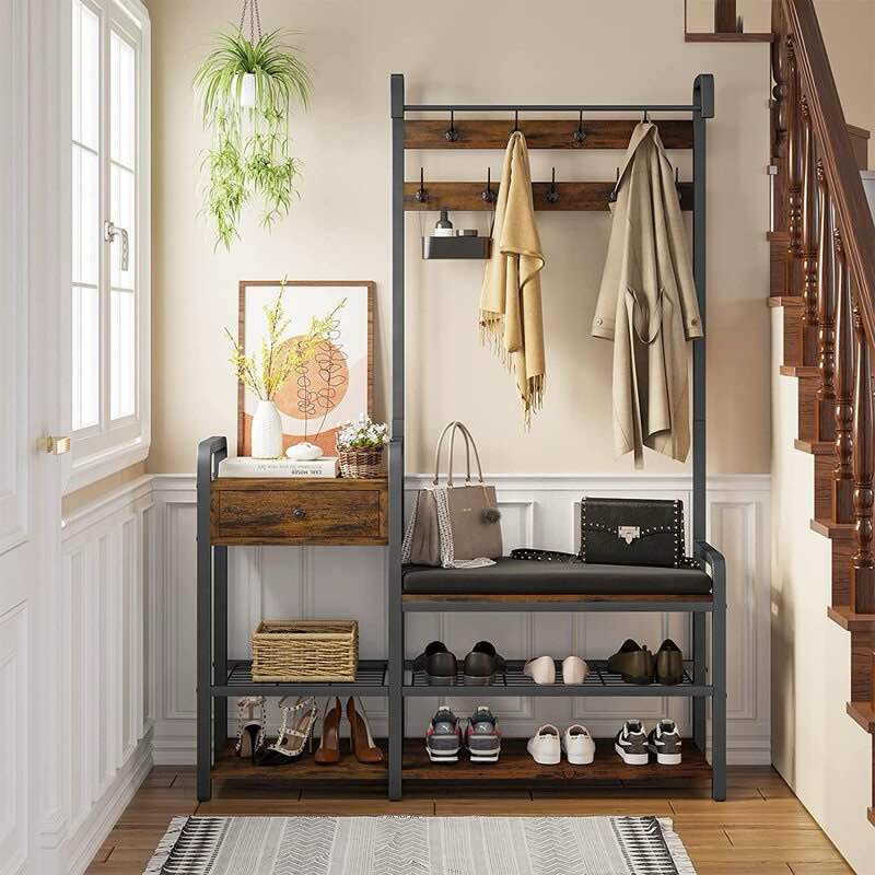 Hall Tree With Bench And Shoe Storage,5-in-1 Entryway Bench With Coat Rack, Hall Tree With Storage Bench, Hangrod And 9 Hooks, Rustic Brown
