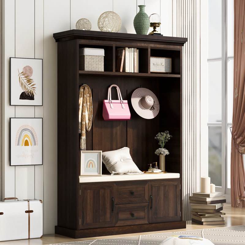 (Box 1 of 2) Hall Tree with 3 Hooks , Coat Hanger, Entryway Bench, Storage Bench, 3-in-1 Design