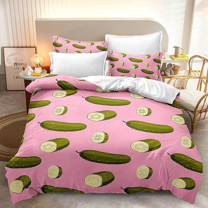CONLIN Pickles Duvet Cover Sets Bedding, 3 Piece Pickles Comforter Cover Set for Girls Boys, Full Size Pink Pickles Bedding for Women Men, Funny Dill Pickles Gifts for Kids Adults