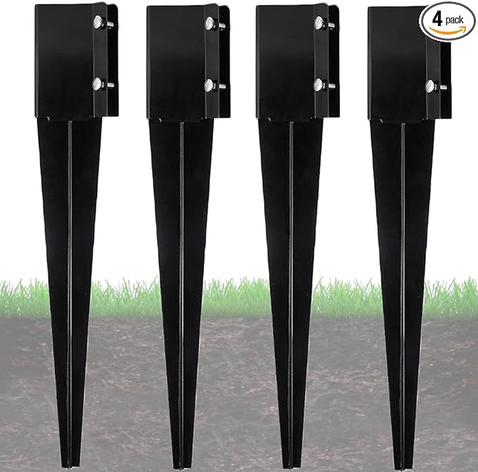 Furnishh 4x4 Fence Post Anchor Ground Post Stakes Metal Post Holder(Inner Diameter 3.5 x3.5 Inches), 24" Long Black Ground Post Spikes, Set of 4