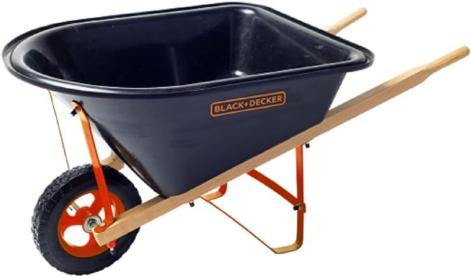 Red Tool Box Black and Decker 20 Liter Realistic Wheelbarrow for Kids Ages 3 and up.