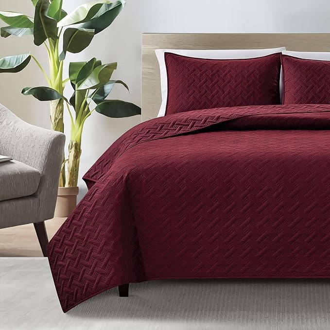 Quilt Set 3 Pieces - Ultra Soft Quilted Coverlet Bedspread - Lightweight Microfiber Classic Weave Stitch Bedspreads for All Season - Burgundy Bedspreads King Size