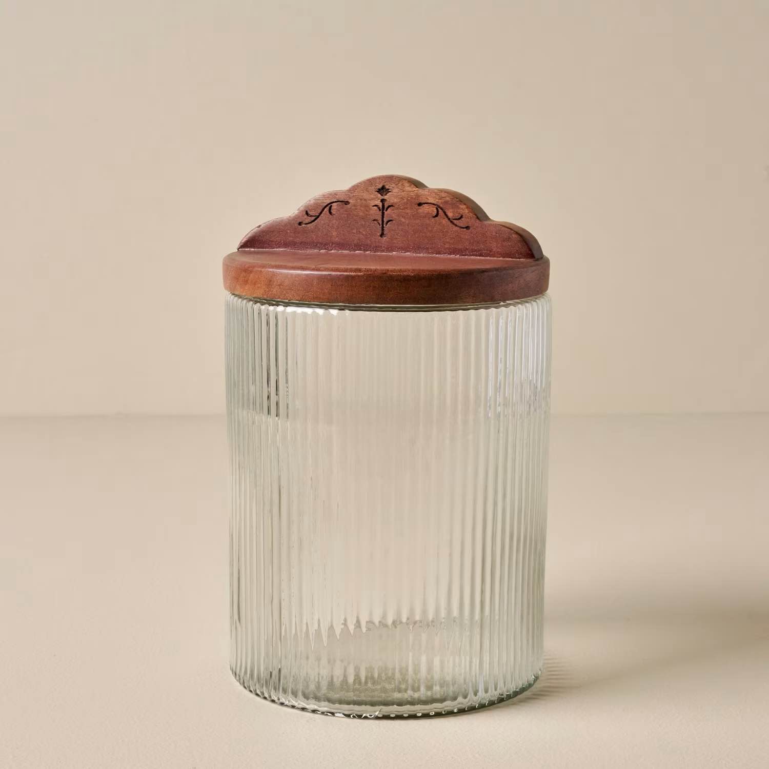 Antiqued Wood Ribbed Glass Canister