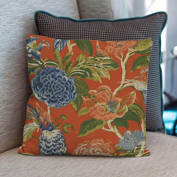 (SIMILAR) Throw Pillow Covers Blue Floral Chinoiserie on Orange Cushion Cases Peony Chic Asian Pillow Cover Modern Decorative Cushion Covers Home Decor for Couch Sofa Living Room Decor 26x26 in
