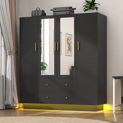 Armoire Wardrobe Closet With Mirror & Led Light, 4 Door Wooden Storage Cabinet With Drawers, Spacious Armoire With Hanging Rod & Adjustable Shelves