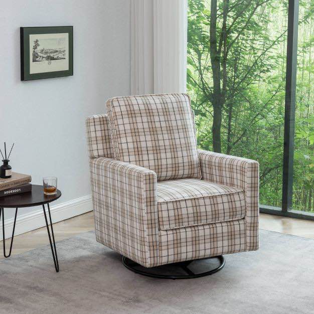 woven Byrd  swivel glider club chair light brown an gray plaid 7HA00939 - W0124