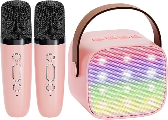 YLL Mini Karaoke Machine with 2 Wireless Microphones for Kids Adults, 18 Pre-Loaded Songs, Portable Bluetooth Speaker Toy Gift for Girls 4, 5, 6, 7, 8+ Years Old, Teens Birthday(Pink)